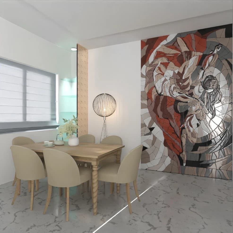 Dining area with round table and wall mural