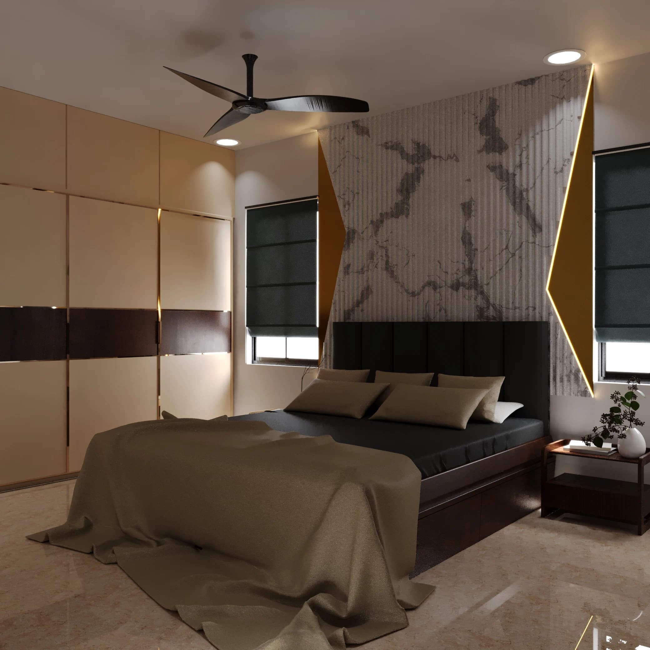 Bedroom with bed and angled wall panel detail