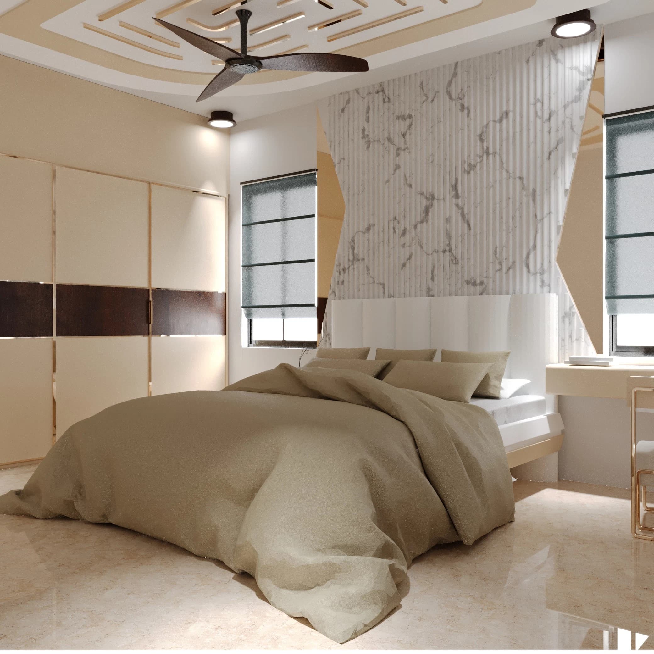 Bedroom with bed, window, and wall panels