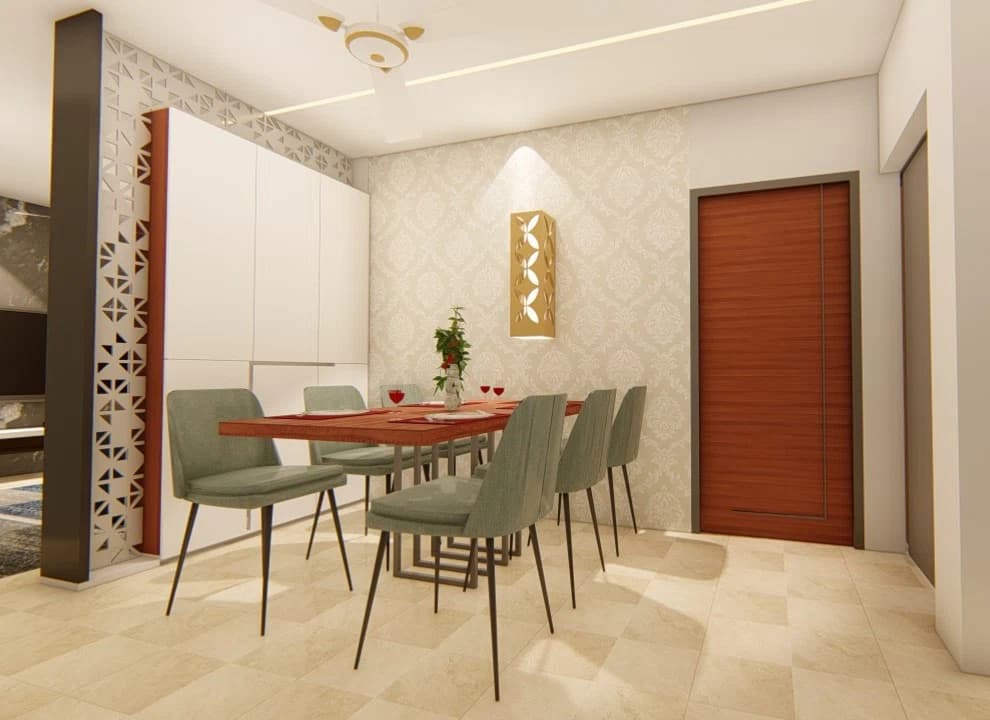 Dining area with table and wall niche