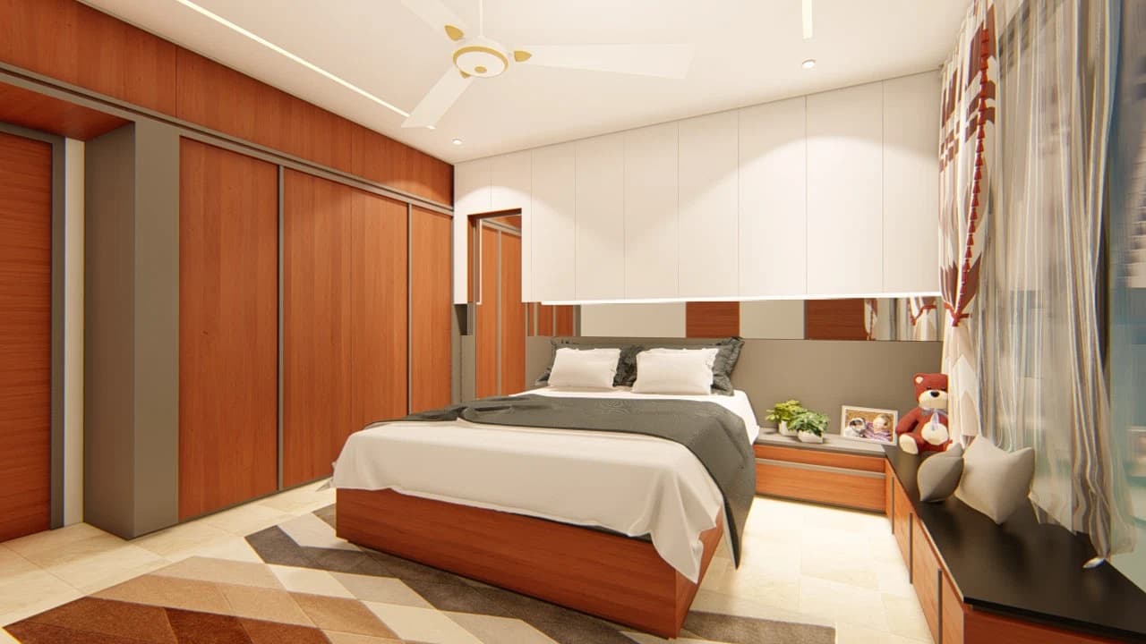Bedroom with bed and timber wardrobe wall