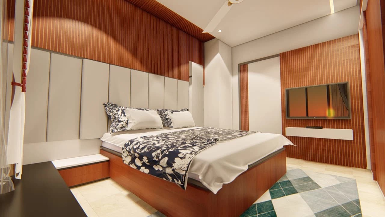 Bedroom with bed and television wall