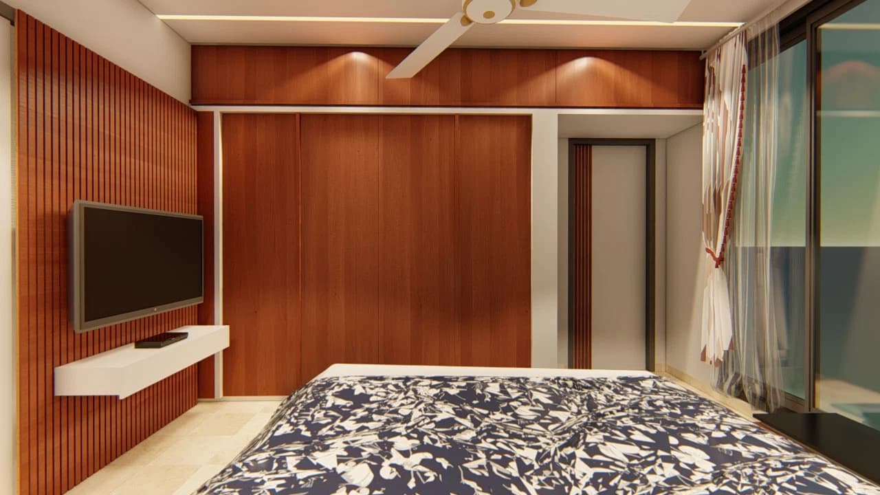 Bedroom television wall with timber paneling