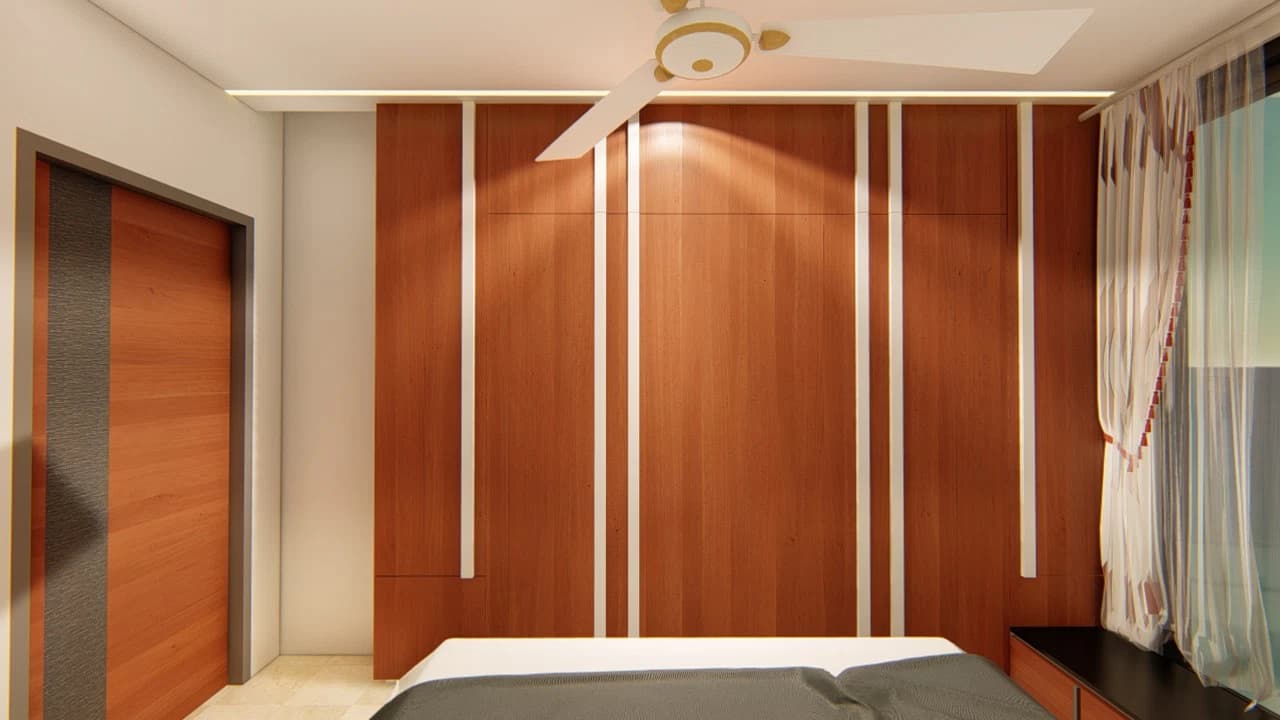Wardrobe wall and bed foreground