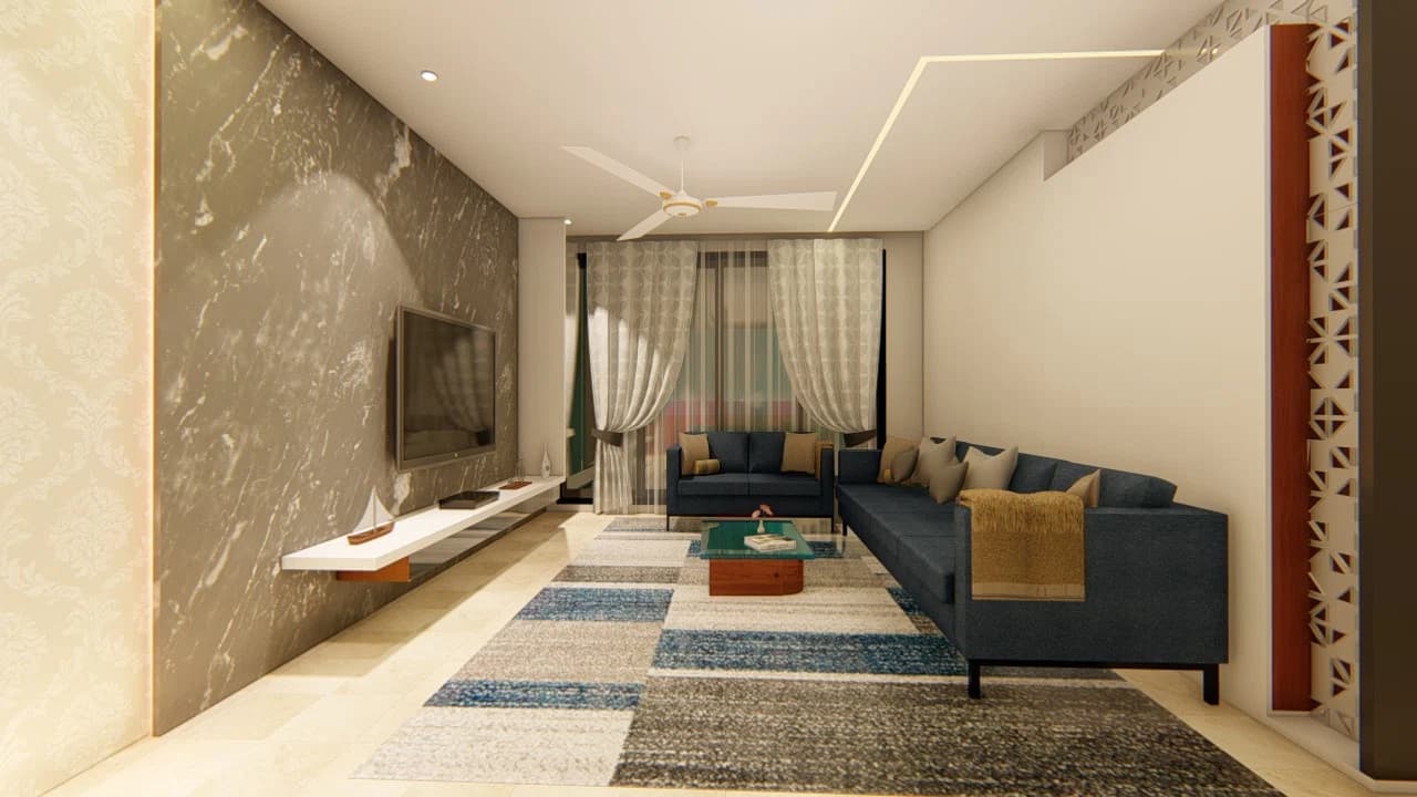Living area with sofa and marble-textured feature wall