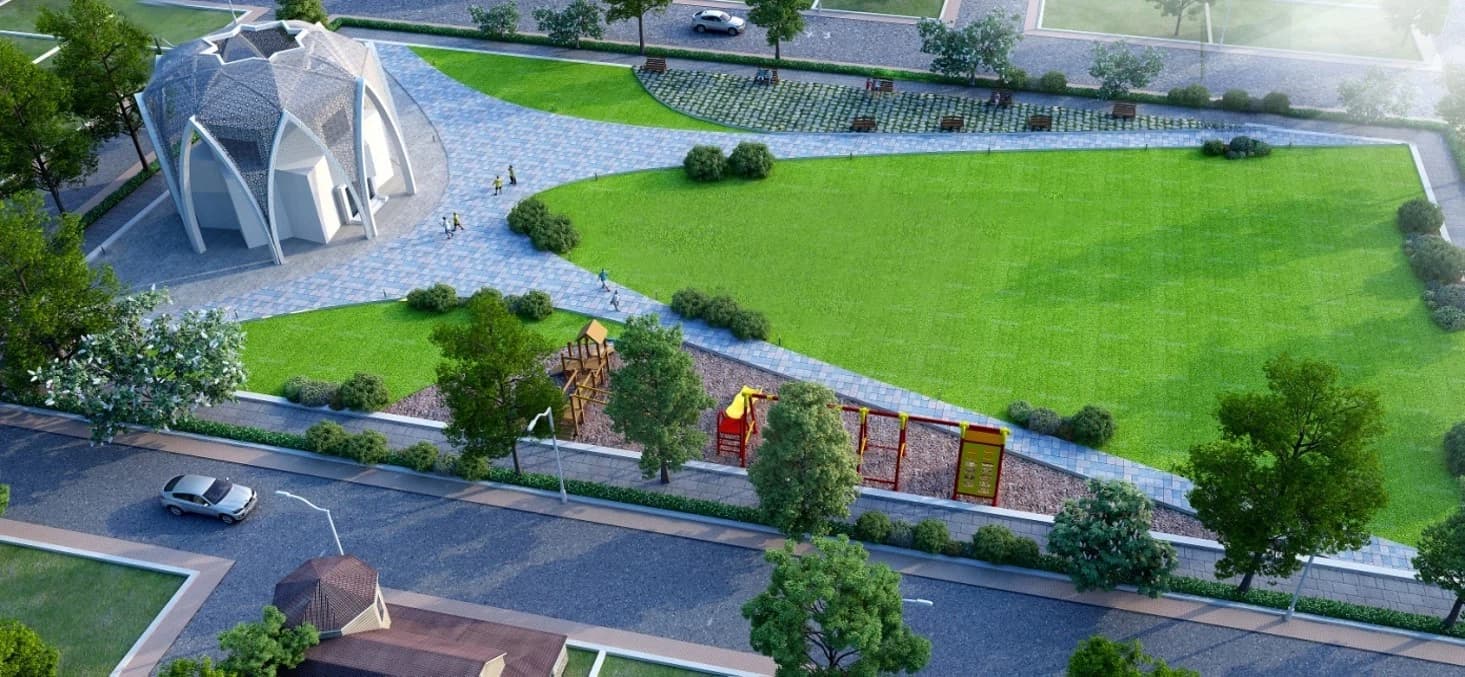 Aerial view of landscape spaces and site features