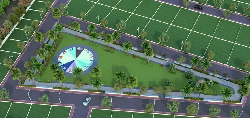 Aerial view of a landscaped urban park within a plotted development
