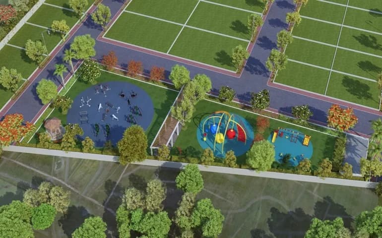 Aerial view of play areas and surrounding plots