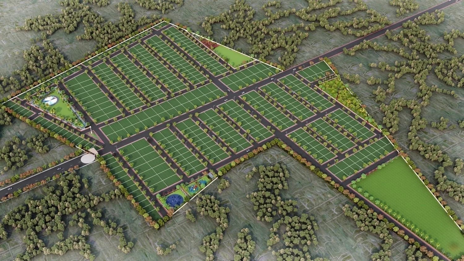 Wide aerial view of a plotted urban development